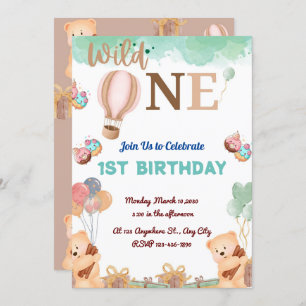 Invitation ours mignon avec ballon coloré pour 1er anniversai