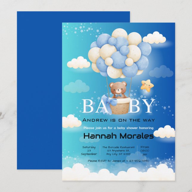 Invitation Ours mignon avec ballons Baby shower double ombrag (Devant / Derrière)