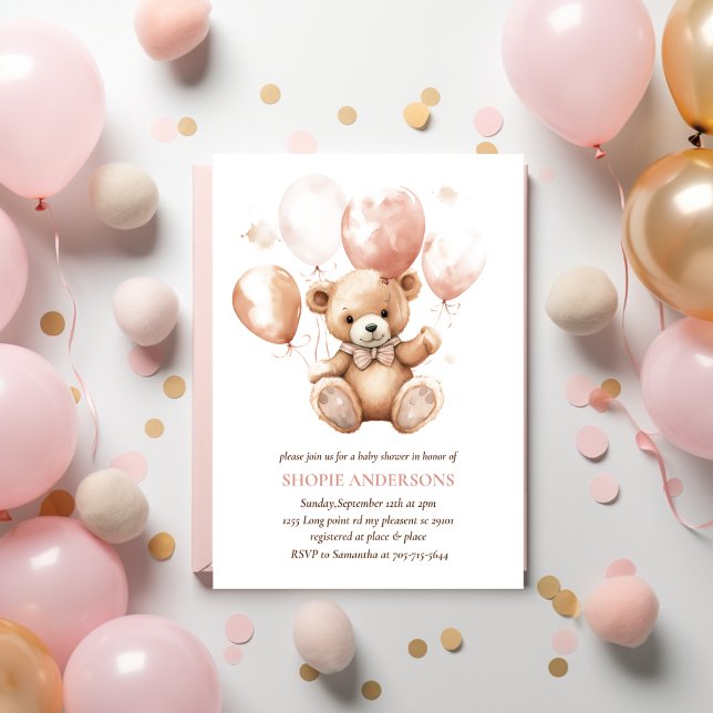 Invitation Ours mignon Avec Ballons | Bébé rose (Créateur téléchargé)