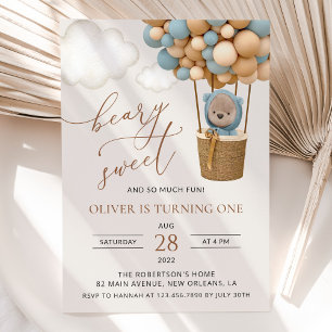 Invitation Ours mignon, Ballons Bleus, Premier Anniversaire