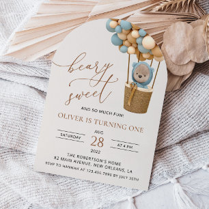 Invitation Ours mignon, Ballons Bleus, Premier Anniversaire