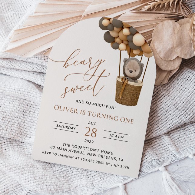 Invitation Ours mignon, Ballons Brown, Premier anniversaire (Créateur téléchargé)