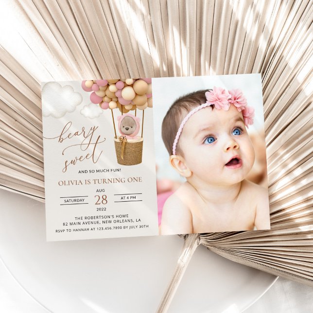 Invitation Ours mignon, Ballons roses, Premier Anniversaire (Créateur téléchargé)