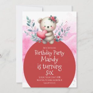 Invitation Ours mignon Coeur accroupir Aquarelle Anniversaire