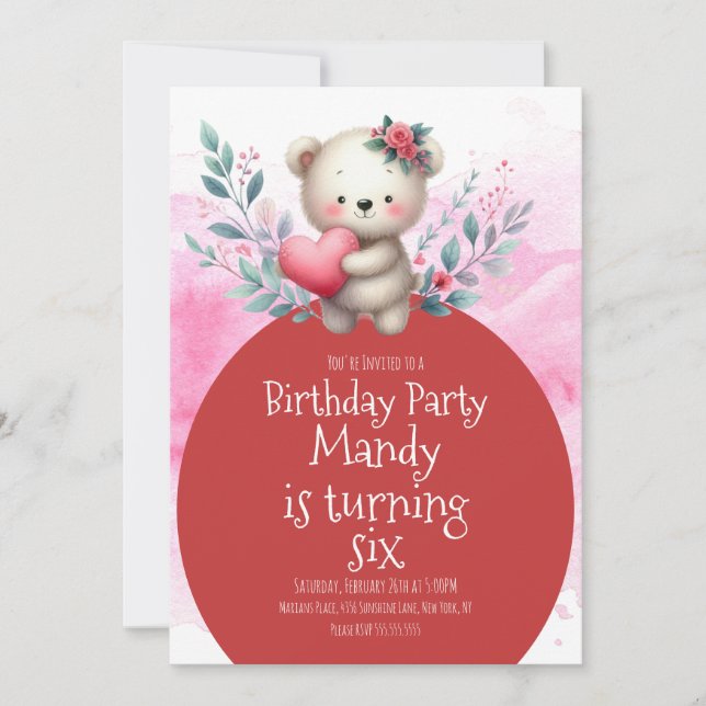 Invitation Ours mignon Coeur accroupir Aquarelle Anniversaire (Devant)