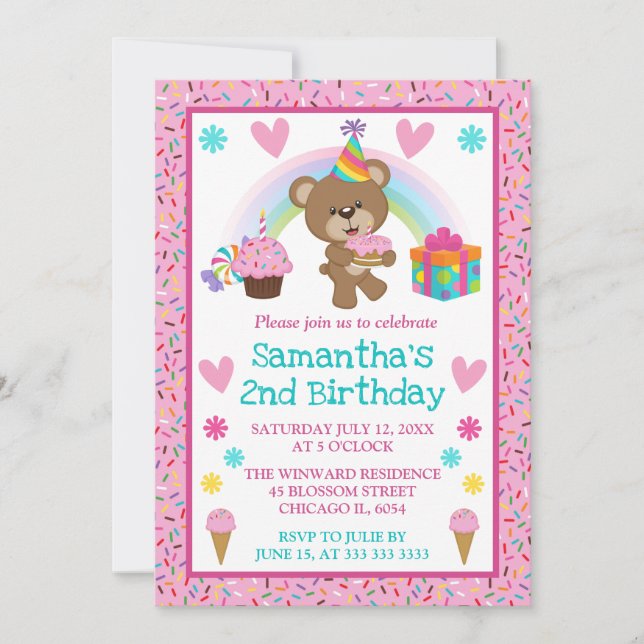 Invitation Ours mignon d'anniversaire & arc-en-ciel & gâteau (Devant)