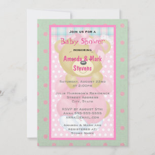 Invitation Ours mignon et câlin habillé pour Baby Shower rose