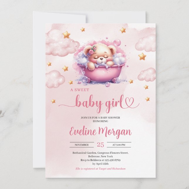 Invitation ours mignon moderne en peluche dans baignoire baby (Devant)