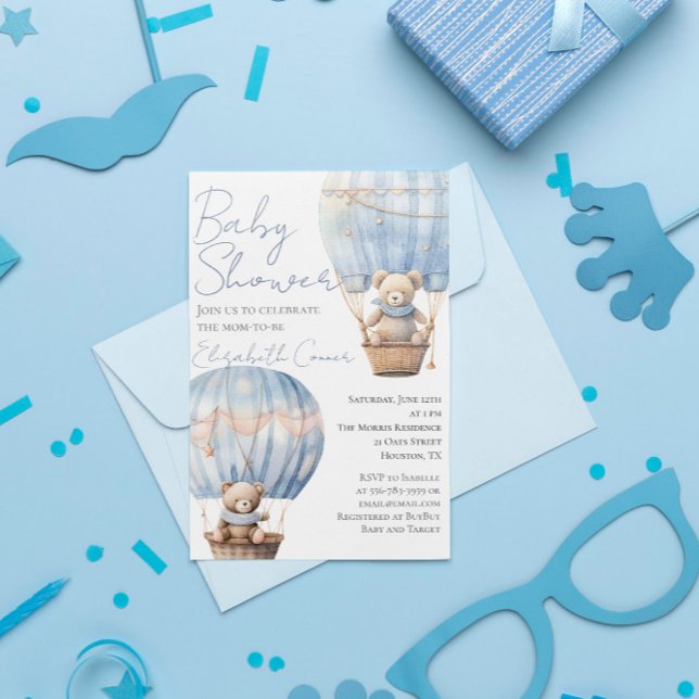Invitation Ours mignons en ballon bébé garçon douche Invitati (Cute Bears in Balloon Baby Boy Shower Invitation)