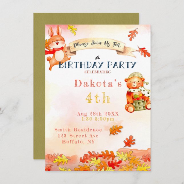 Invitation Ours mou Automne Automne Anniversaire Fête Invitat (Devant / Derrière)