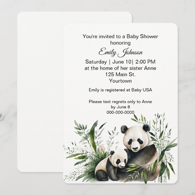 Invitation Ours Panda Avec Ourson (Devant / Derrière)