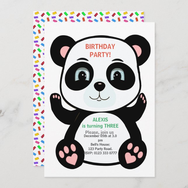 Invitation Ours Panda Cute & Confetti Multicolore (Devant / Derrière)