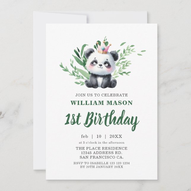 Invitation Ours Panda Mignon Aquarelle Verdure 1er Anniversai (Devant)