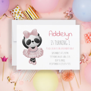 Invitation Ours Panda Mignon Ballerine Rose 1er Anniversaire 