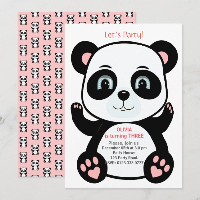 Invitation Ours panda mignon pour un anniversaire rose et bla (Devant / Derrière)