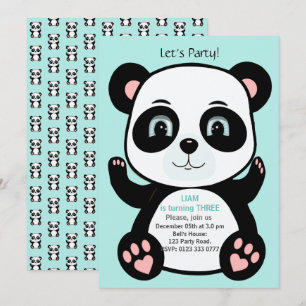 Invitation Ours panda mignon sur fond bleu sarcelle clair pou