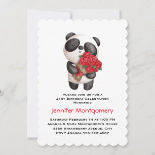 Invitation Ours Panda Tenant un Bouquet de Roses Anniversaire