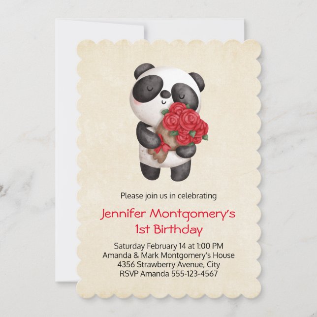Invitation Ours Panda Tenant un Bouquet de Roses d'anniversai (Devant)