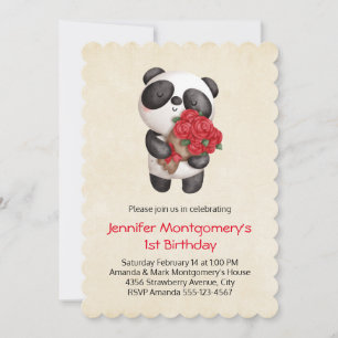 Invitation Ours Panda Tenant un Bouquet de Roses d'anniversai