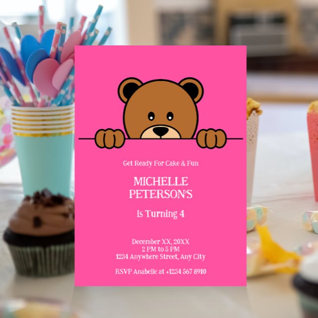 Invitation Ours Peeping mignon | Caricature simple sur rose (Créateur téléchargé)