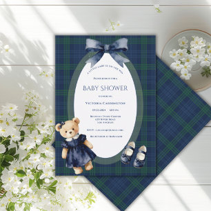 Invitation Ours Petite Dame à Carreaux Bleu et Vert Fille Vin