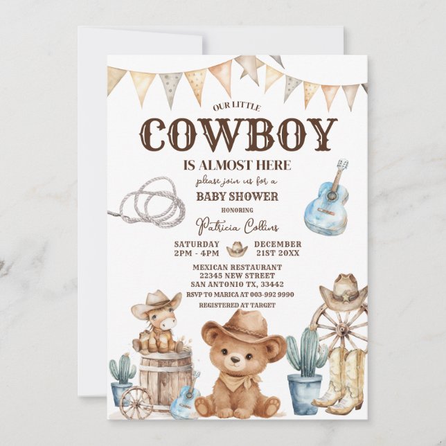 Invitation Ours Petite Fête de Naissance de Cowboy Far West (Devant)