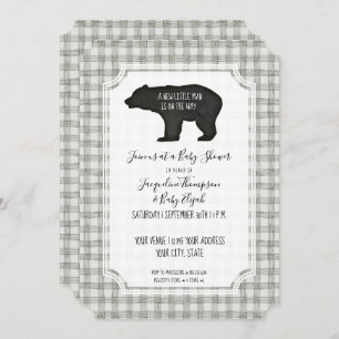 Invitation Ours Plaid Gris Woodsy Forêt Arbre Bébé Garçon Dou