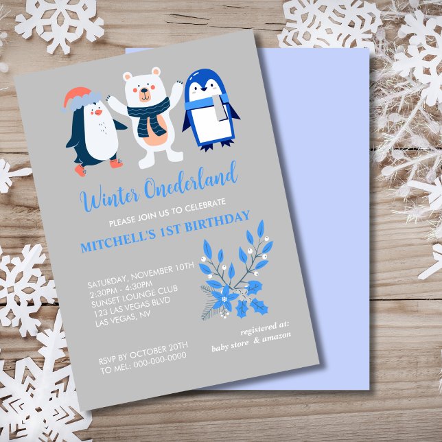 Invitation Ours polaire bleu pingouin de l'hiver de l'onederl (Créateur téléchargé)
