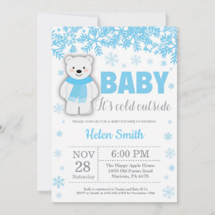 Invitation Ours polaire Hiver Baby shower Garçon bleu Flocon