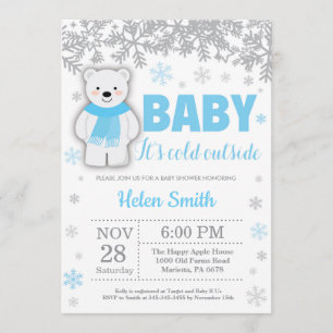 Invitation Ours polaire Hiver Baby shower Garçon bleu Flocon