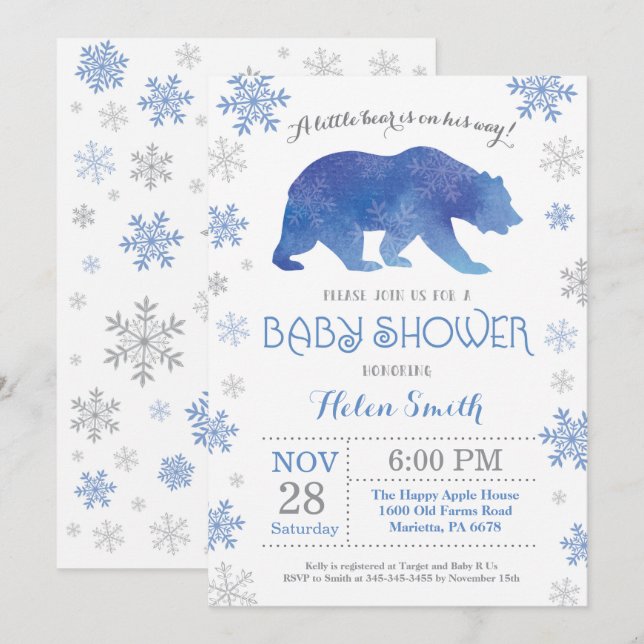 Invitation Ours polaire Hiver Baby shower Garçon bleu Flocon  (Devant / Derrière)