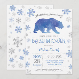 Invitation Ours polaire Hiver Baby shower Garçon bleu Flocon
