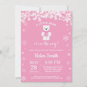 Invitation Ours polaire Hiver Fille Baby shower Flocon de nei