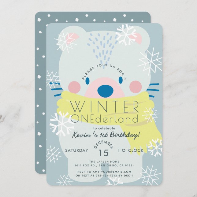 Invitation Ours polaire Hiver Onederland Bleu 1er anniversair (Devant / Derrière)