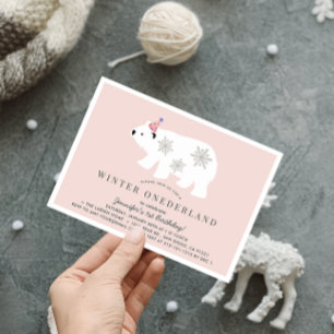 Invitation Ours polaire Hiver Onederland rose 1er anniversair