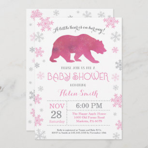 Invitation Ours polaire Hiver rose Fille Baby shower Flocon d