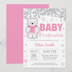Invitation Ours polaire Hiver rose Fille Baby shower Flocon d