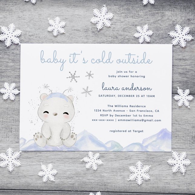 Invitation Ours polaire Il fait froid à l'extérieur du Baby s (Polar Bear Baby It's cold Outside Card with blue watercolor snowflakes. Image from freepik)