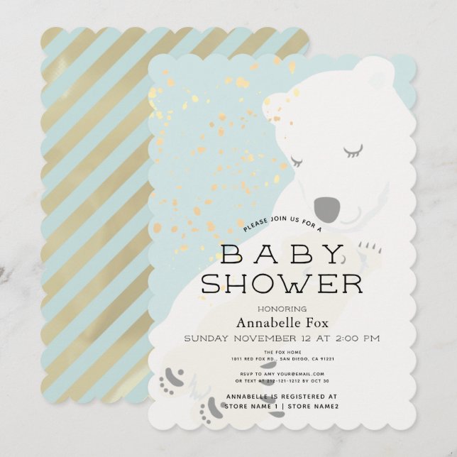 Invitation Ours Polaire Maman & Cub Baby shower Bleu Invitati (Devant / Derrière)