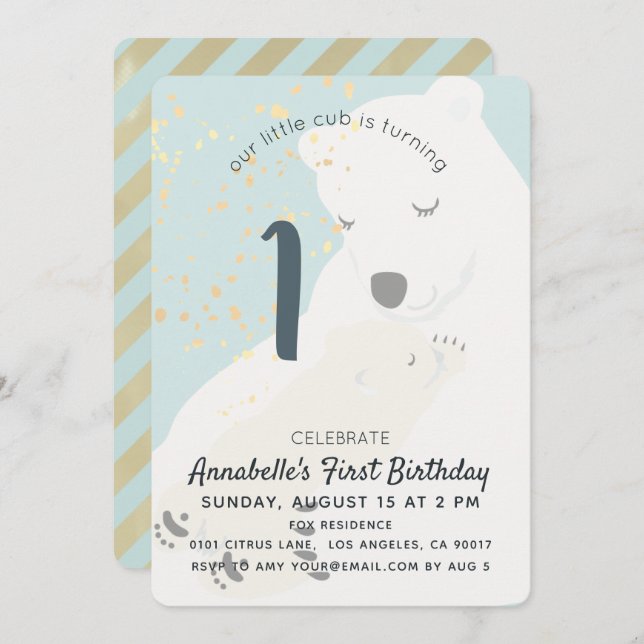 Invitation Ours polaire Maman & Cub Bleu 1er Anniversaire Inv (Devant / Derrière)
