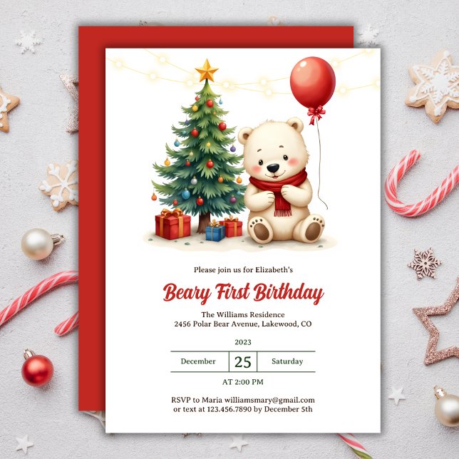 Invitation Ours polaire mignon Beary Noël 1er anniversaire (Cute Watercolor Polar Bear Christmas Beary 1st Birthday Invitation)