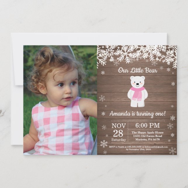 Invitation Ours Polaire Rustique Hiver Fille Anniversaire Pho (Devant)