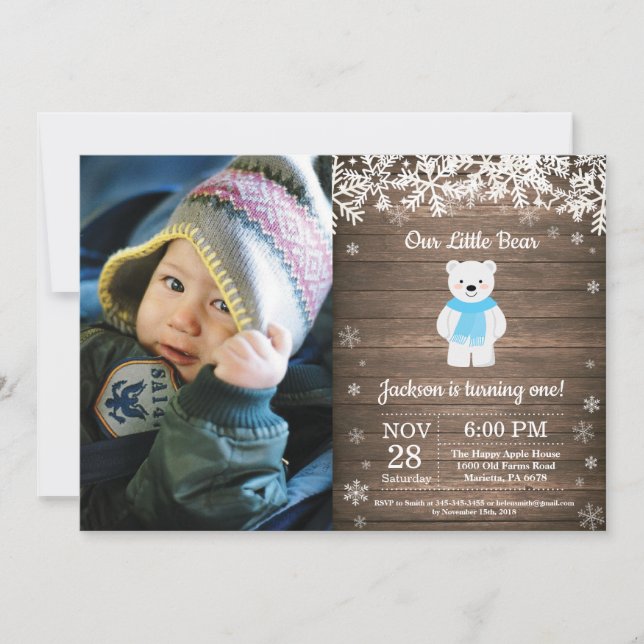 Invitation Ours Polaire Rustique Hiver Garçon Anniversaire Ph (Devant)
