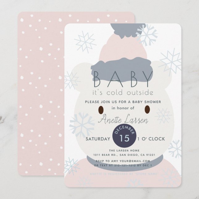 Invitation Ours polaire Snowflakes GIrl Baby shower Invitatio (Devant / Derrière)