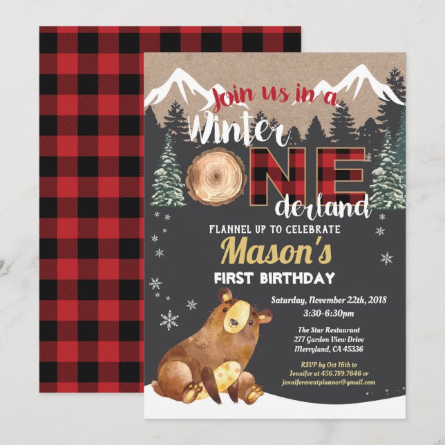 Invitation Ours premier anniversaire hiver onderland flannel  (Devant / Derrière)