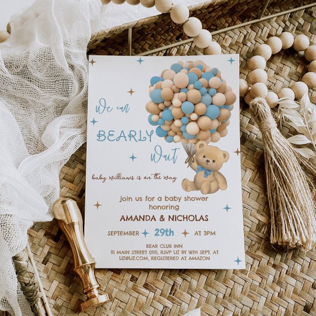 Invitation Ours qui attend à peine Bébé garçon bleu Douche (Créateur téléchargé)