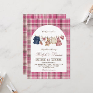 Invitation Ours Rose à Carreaux Baby Shower Ancienne Fortune