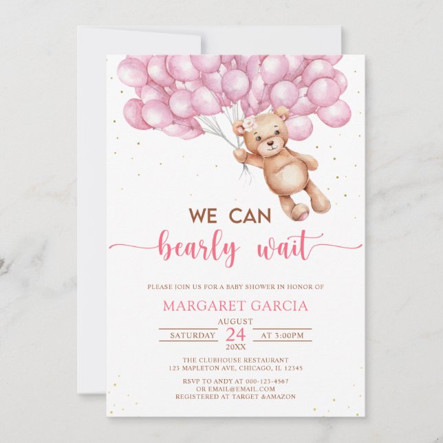 Invitation Ours rose avec ballons Baby shower Ours en peluche (Devant)