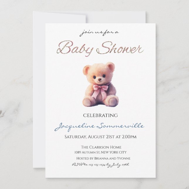 Invitation Ours rose bébé fille Shower C'est une fille (Devant)