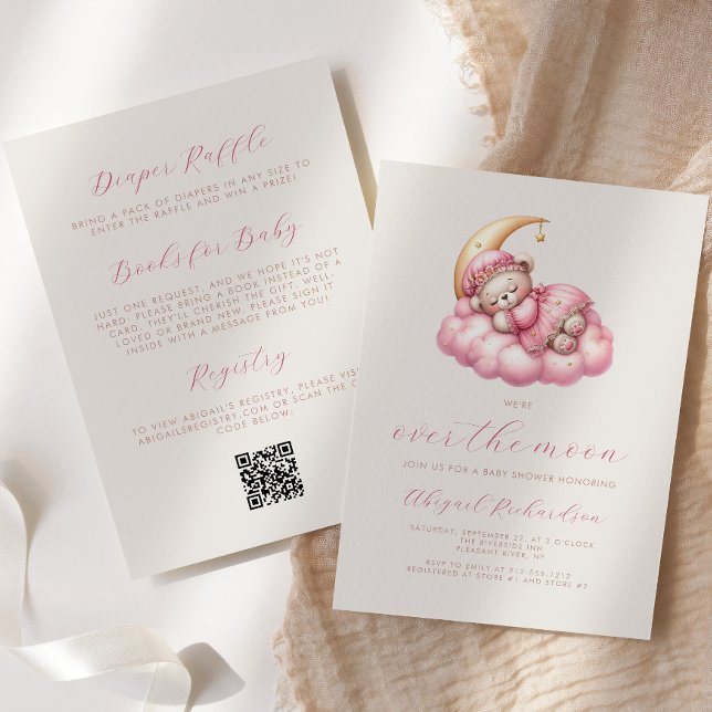 Invitation Ours Rose Fille Code QR Baby Shower Lune (Créateur téléchargé)